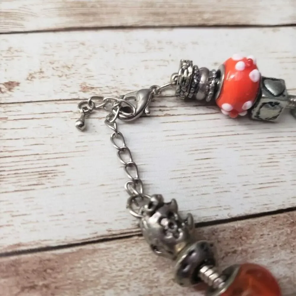 Vintage Dragonfly Charm Bracelet Silver Tone & Orange/Red Beads